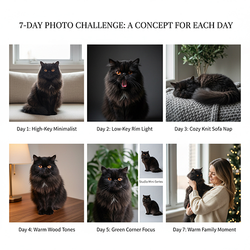 Bộ 7 concept chụp mèo Ba Tư đen trong 7 ngày gồm high-key, low-key, sofa knit, gỗ ấm, góc xanh, studio mini và khoảnh khắc gia đình
