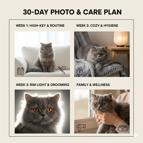 Kế hoạch 30 ngày cho mèo Ba Tư xám với 4 tuần gồm high-key và routine, cozy và vệ sinh, rim light và grooming, cùng ảnh gia đình và wellness