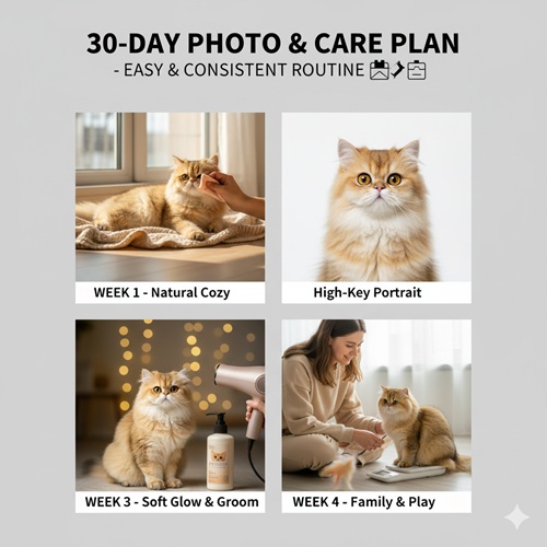 ke hoach 30 ngay chup anh va cham soc meo golden voi bon tuan concept natural cozy high key soft glow va family play