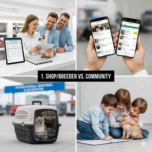 So sánh kênh mua bán mèo Xiêm: shop, cộng đồng, chợ rao vặt và trại nhân giống