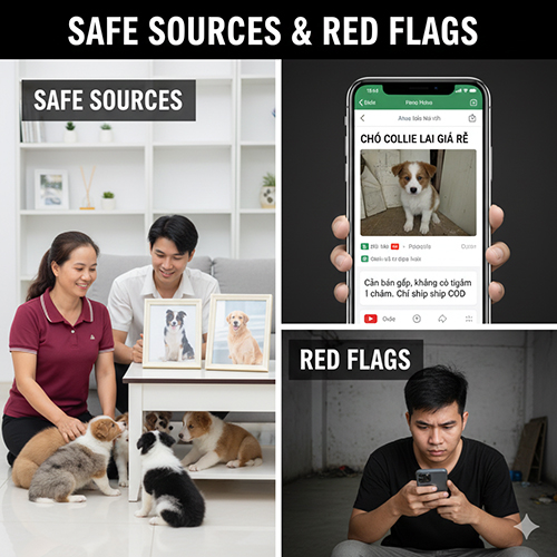 Ảnh minh họa các nguồn tìm chó Collie lai an toàn và những dấu hiệu cảnh báo: gia đình gặp trực tiếp chó con, bài đăng bán giá rẻ mập mờ, và người bán trong môi trường tối tăm.
