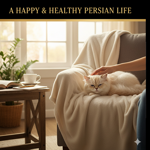 mèo Ba Tư nằm thư giãn trên ghế ấm áp được vuốt ve trong phòng khách sáng nhẹ