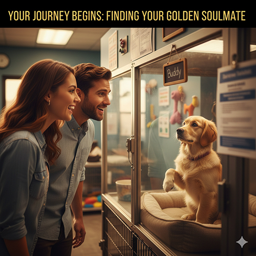 Cặp đôi nhìn chú chó Golden con trong trại nhận nuôi – minh họa kết bài FAQ chó Golden