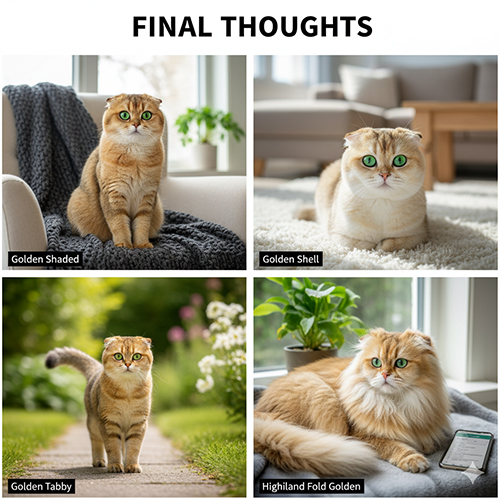 Collage 4 ảnh Scottish Fold Golden: shaded, shell, tabby và Highland Fold lông dài trong ánh sáng tự nhiên.