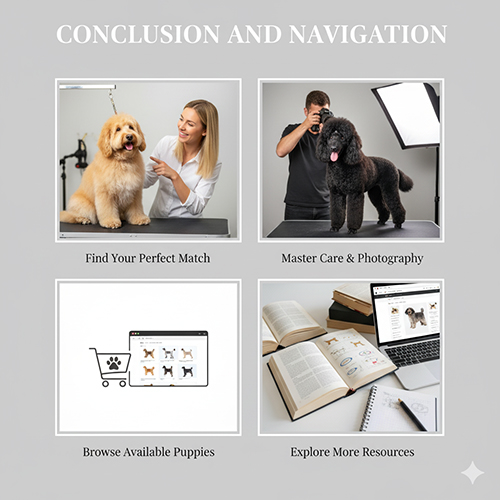 Ảnh tổng kết chủ đề màu lông chó với các mục định hướng: chọn giống phù hợp, chăm sóc – chụp ảnh, xem chó con sẵn bán và tài nguyên học thêm.