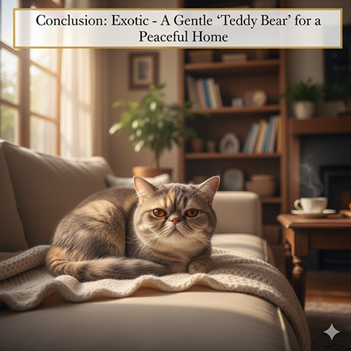 Mèo Ba Tư lông ngắn nằm thư giãn trên sofa trong phòng khách ấm áp, tổng kết vibe “gấu bông hiền lành” của giống Exotic.