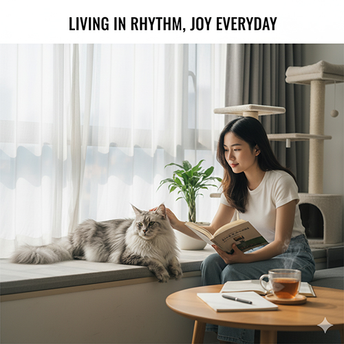 Cô gái ngồi đọc sách bên cửa sổ cùng mèo Mỹ lông dài, tạo không khí yên bình và ấm áp