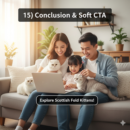 Gia đình trẻ ngồi trên sofa vui vẻ xem laptop cùng ba bé mèo Scottish Fold, khung cảnh sáng ấm áp và tràn đầy tình yêu thương