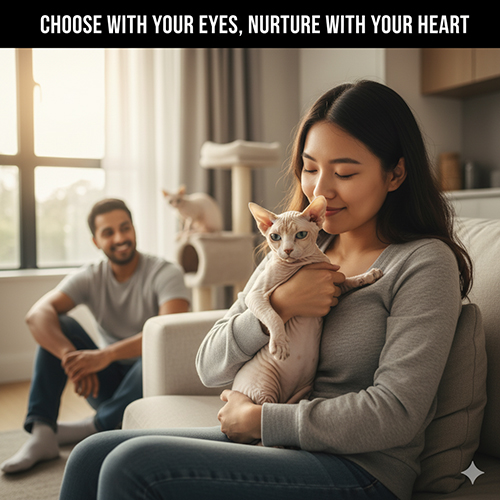 Cô gái ôm một bé mèo không lông chân ngắn trong phòng khách, phía sau là người đàn ông đang mỉm cười; minh họa phần kết đầy cảm xúc