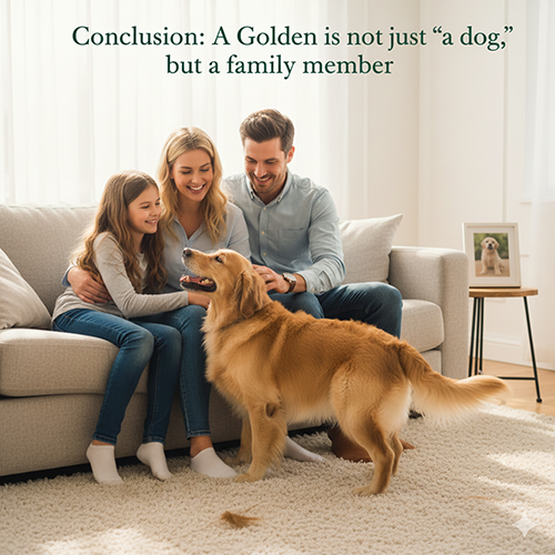 Gia đình ba người ngồi trên sofa cười vui bên chó Golden Retriever trong phòng khách ấm cúng