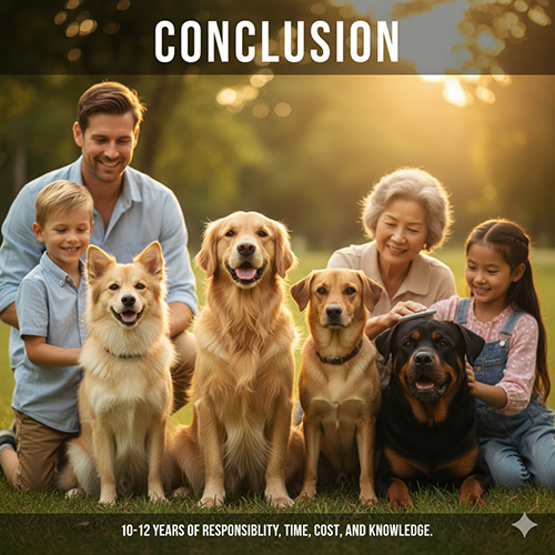 Gia đình nhiều thế hệ chụp cùng chó Golden thuần và các bé Golden lai Nhật, Becgie, Rott trong công viên, minh họa phần kết về trách nhiệm nuôi chó 10–12 năm