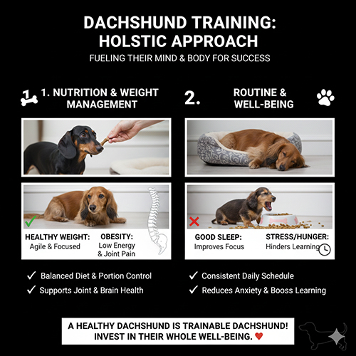 Infographic về huấn luyện chó Lạp xưởng theo hướng toàn diện, kết hợp quản lý cân nặng, dinh dưỡng và lịch sinh hoạt hằng ngày.