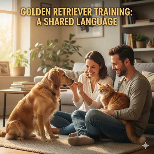 Gia đình trẻ vừa vuốt ve mèo vừa dùng bánh thưởng huấn luyện chó Golden Retriever trong phòng khách ấm áp, thể hiện sự thấu hiểu và “ngôn ngữ chung” giữa người và thú cưng.