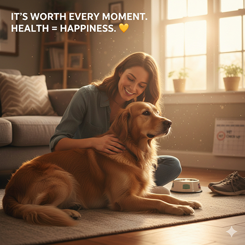 Chủ vuốt ve Golden Retriever trong phòng khách – thông điệp chăm sức khỏe mỗi ngày