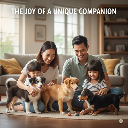 Gia đình vui vẻ chơi đùa cùng những bé chó Border Collie lai trong phòng khách, thể hiện niềm vui khi có một người bạn đồng hành độc nhất.