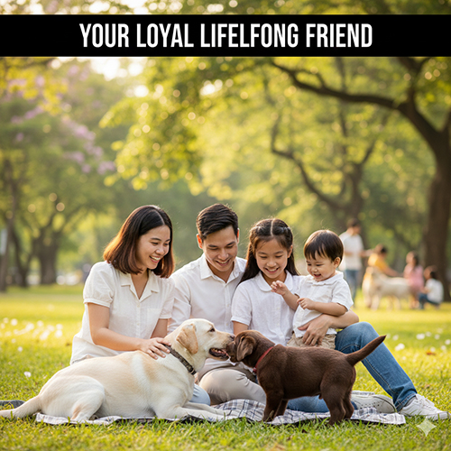 Gia đình bốn người ngồi picnic trong công viên cùng hai chú chó Labrador, một vàng một nâu, chơi đùa hạnh phúc