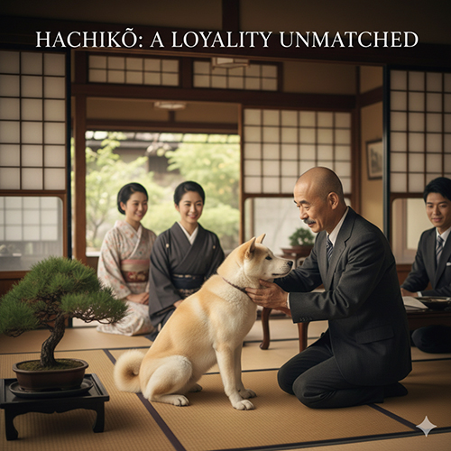 Giáo sư Ueno âu yếm một chú Akita Inu trong căn phòng Nhật truyền thống, gợi tinh thần gắn bó của Hachiko