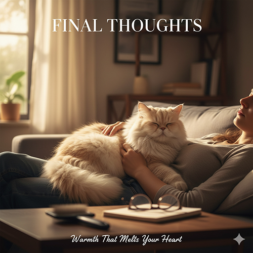 Mèo Ba Tư lông dài nằm trên người một cô gái đang thư giãn trên sofa trong ánh chiều ấm áp