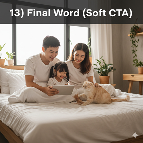 Gia đình trẻ ngồi trên giường sáng sủa, cùng xem máy tính bảng và chơi với mèo tai cụp lông vàng kem – biểu tượng cho kết thúc bài viết về mèo tai cụp lai ta với thông điệp tích cực.