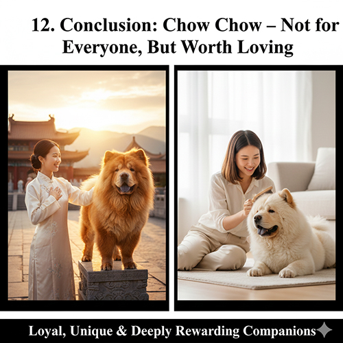 Hai chú Chow Chow: một bé lông đỏ đứng cạnh cô gái trong khung cảnh cổ phong và một bé Chow trắng được chủ vuốt ve trong phòng khách