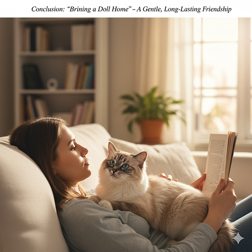 Người phụ nữ nằm đọc sách với mèo Ragdoll nằm trên ngực, tạo không khí ấm áp và yên bình.