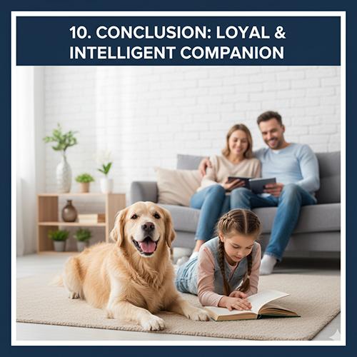 Kết luận về chó Tây – Gia đình trẻ thư giãn trong phòng khách, chú Golden Retriever nằm gần bé gái đang đọc sách, biểu trưng cho sự trung thành và thông minh của chó phương Tây.