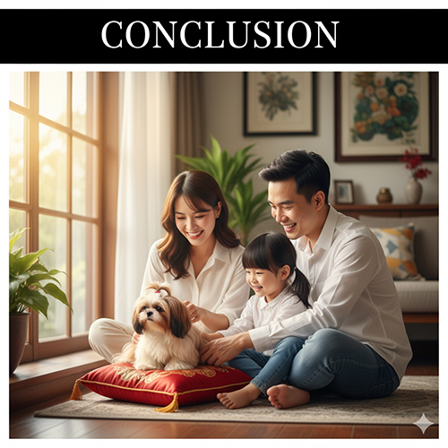 Gia đình Việt Nam hạnh phúc chơi cùng chó Shih Tzu trong phòng khách sáng sủa ấm áp