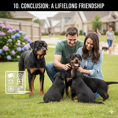 Gia đình vui chơi cùng đàn chó Rottweiler con trong không gian ngoài trời, thể hiện sự gắn bó lâu dài