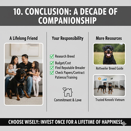 Infographic kết luận về việc chọn chó Rottweiler thuần chủng: trách nhiệm của người nuôi, tài nguyên tham khảo và ý nghĩa gắn bó lâu dài