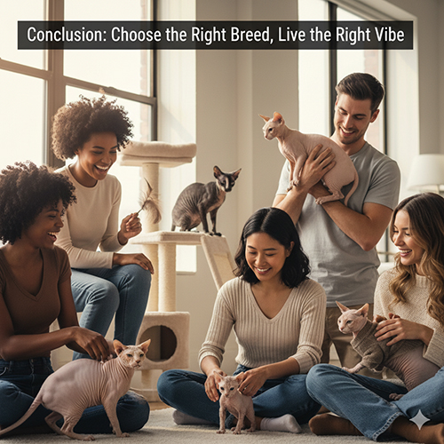 Nhóm bạn tương tác vui vẻ với nhiều giống mèo không lông trong căn hộ sáng, minh họa phần kết luận