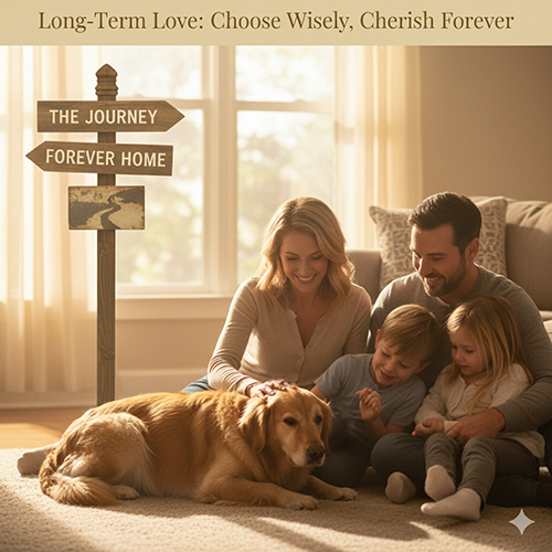 Gia đình trẻ quây quần trong phòng khách ấm áp vuốt ve chó Golden Retriever trưởng thành nằm bên cạnh, phía sau là biển gỗ “The Journey – Forever Home” gợi nhắc tình yêu dài lâu với thú cưng