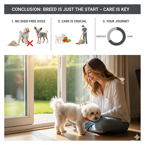 Infographic kết luận về chó ít rụng lông: không có chó không rụng, chăm sóc mới là yếu tố quyết định và hành trình chọn giống phù hợp