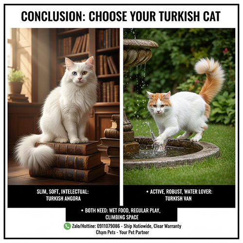 meo Turkish Angora long trang thanh manh va meo Turkish Van nang dong thich nuoc duoc dat canh nhau de so sanh