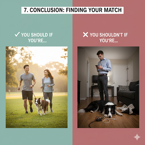 Hai hình đối lập: người năng động dắt Border Collie đi dạo và người bận rộn để chó nằm buồn trong phòng