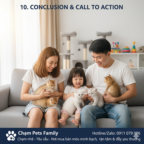 Gia đình ba người ngồi trên sofa ôm nhiều bé mèo Munchkin chân ngắn, không khí ấm áp – hình minh họa kết luận và lời kêu gọi hành động liên hệ Chạm Pets Family