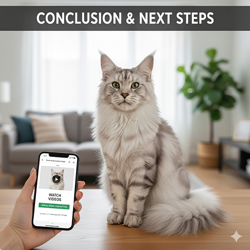 Mèo Maine Coon ngồi trên bàn cạnh điện thoại hiển thị nút xem video thật.