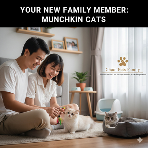 Gia đình trẻ vuốt ve mèo Munchkin trong phòng khách ấm áp; thông điệp kết luận và kêu gọi hành động chọn mua tại Chạm Pets Family.