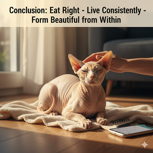 Mèo Sphynx nằm thư giãn dưới nắng nhẹ, được vuốt ve, cạnh sổ tay theo dõi sức khỏe.