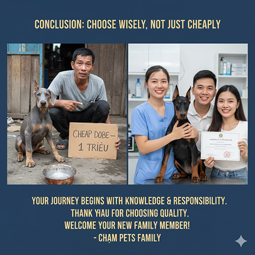 Ảnh minh họa so sánh Doberman “giá rẻ rủi ro” và Doberman thuần chủng khỏe mạnh mua tại nơi uy tín