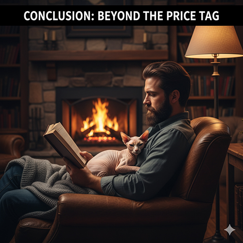 Ảnh người đàn ông đọc sách bên lò sưởi, ôm mèo Không lông Sphynx ngủ trên đùi – minh họa phần kết bài