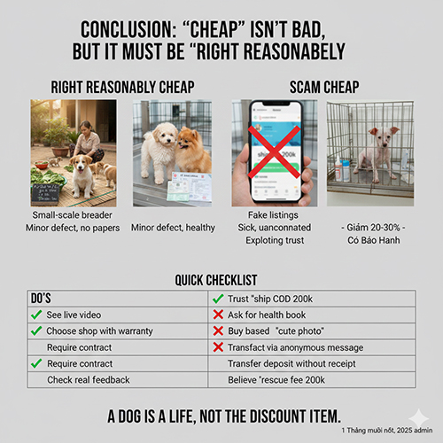 Hình tổng kết phân biệt chó con giá rẻ hợp lý và chó giá rẻ lừa đảo