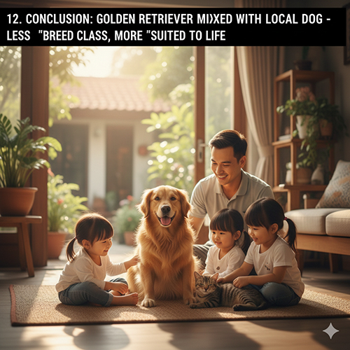 Gia đình vui đùa cùng chó Golden lai chó cỏ trong phòng khách đầy nắng