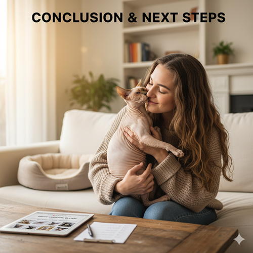 Chủ ôm mèo Không lông Sphynx trên sofa, minh họa phần kết luận và hướng đi tiếp theo