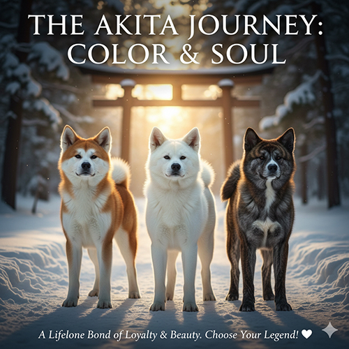 Ba chú chó Akita Inu màu đỏ, trắng và vện đứng trước cổng Torii trong khung cảnh tuyết hoàng hôn