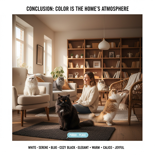 Không gian căn hộ với nhiều màu mèo Ba Tư: white, black, golden, calico – minh họa cách màu tạo “khí hậu” cho ngôi nhà