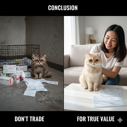 Kết luận về việc mua mèo Ba Tư giá rẻ: không nên đánh đổi rủi ro sức khỏe lấy mức giá đẹp