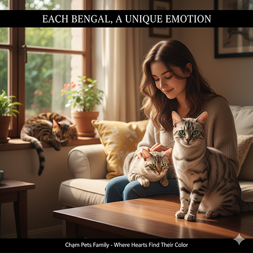 Cô gái đang vuốt ve ba mèo Bengal màu Silver, Brown và Snow trong phòng khách ấm áp, ánh nắng chiều chiếu qua cửa sổ.