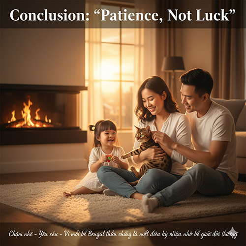 alt textGia đình quây quần bên mèo Bengal thuần chủng trong căn phòng ấm áp – biểu trưng cho tình yêu và sự kiên nhẫn khi nuôi mèo thuần