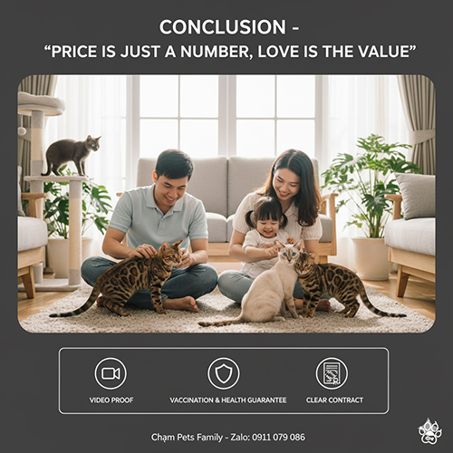 Kết luận giá mèo Bengal – “Giá chỉ là con số, yêu thương mới là giá trị” cùng cam kết video thật, sổ tiêm và hợp đồng rõ ràng