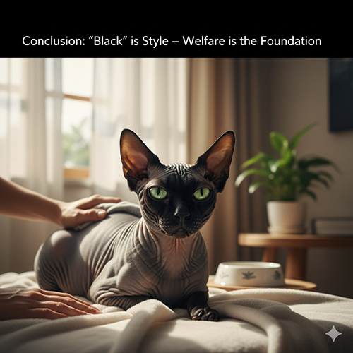 Mèo Sphynx đen nằm trên giường trong ánh sáng dịu, được vuốt ve nhẹ, không gian ấm và yên bình